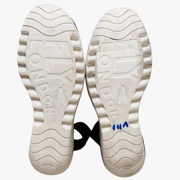 FLY London Yake Perforated Leather Wedge Sandals Black‎ Nubuck Sz 40 White Sole - Picture 14 of 16